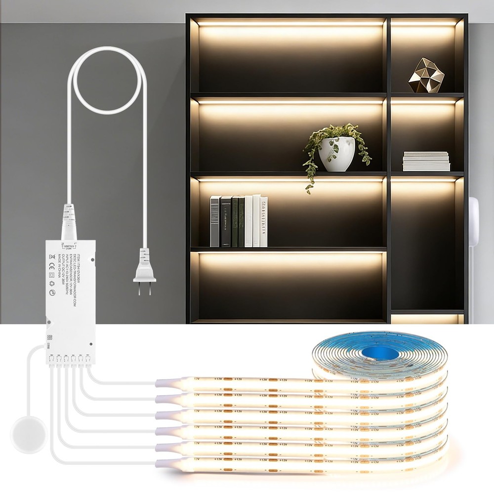 4000K 12V 3.3Ft COB LED Strip Lights Kit Touch Dimmable 36W Adapter Shelf