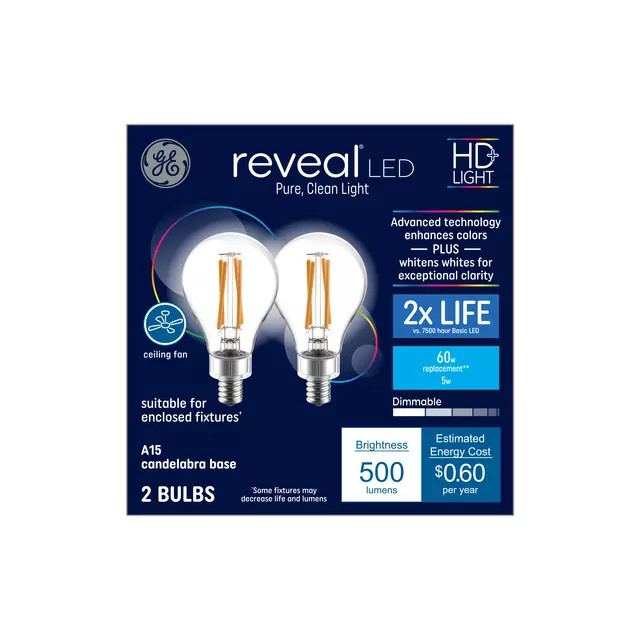 Brand New GE Lighting Reveal HD+ 60W Dimmable LED Light Bulbs, 2-Bulbs, Clear!