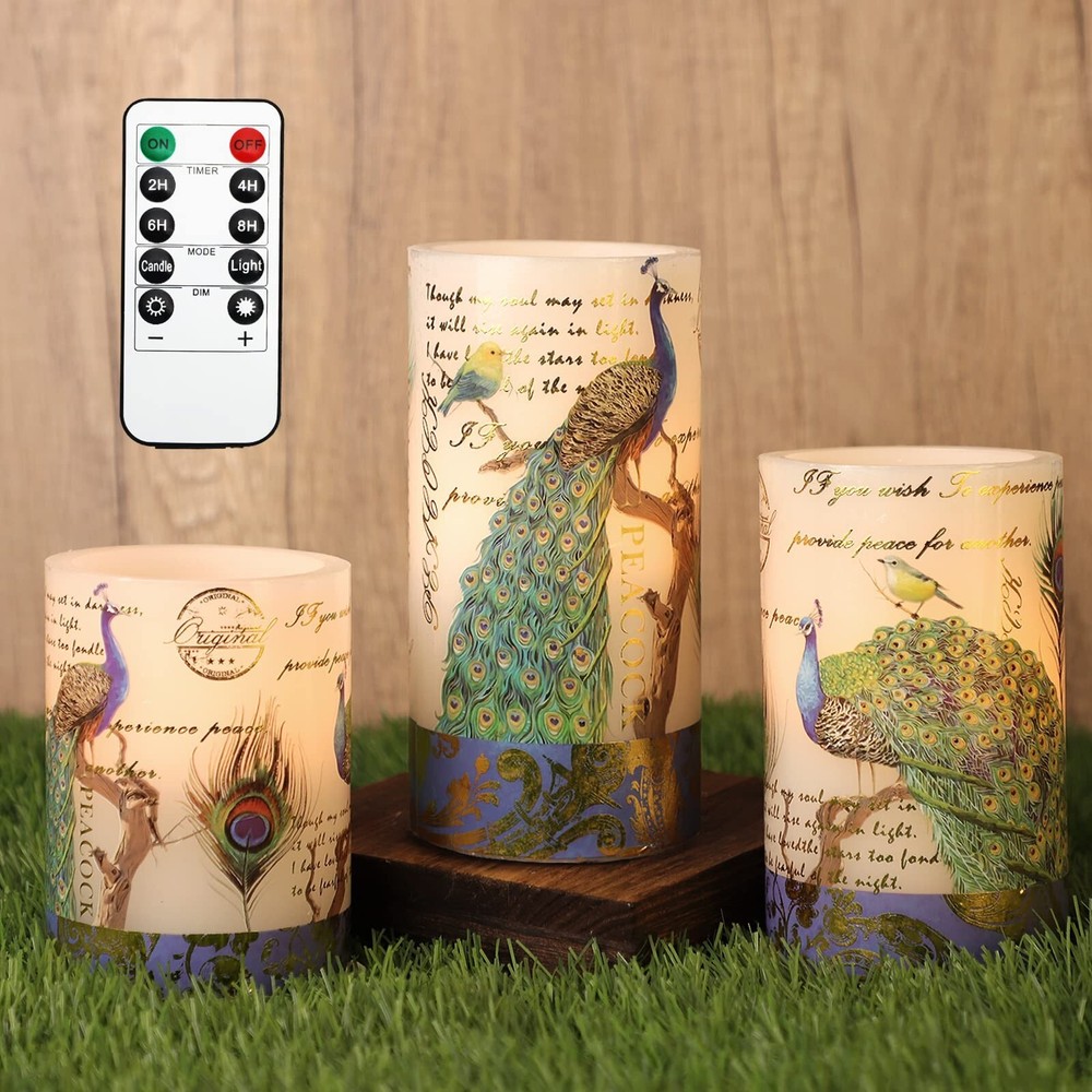 Flameless Peacock Battery Operated Candles With Remote – Flickering Pillar Re…