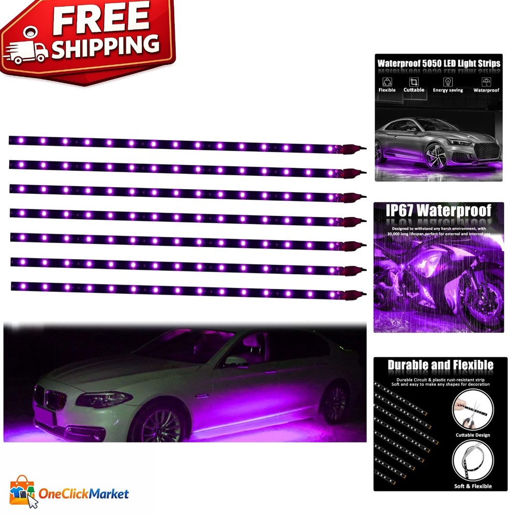 Vibrant 30cm 12V Purple LED Strip Lights – 8PCS Flexible & Waterproof for Cars