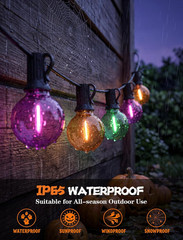 50FT Halloween String Lights with 25 G40 LED Orange Green Purple Bulbs | Plastic