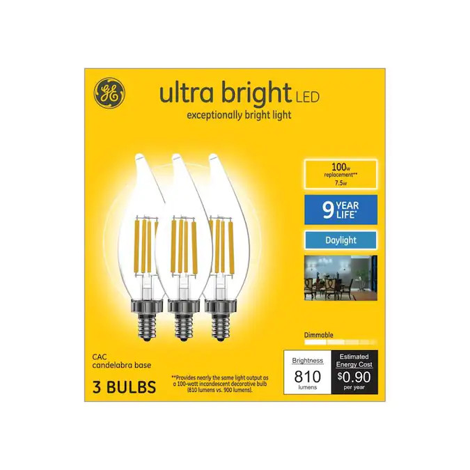 GE ultra bright LED 100 watt equivalent CA12 Daylight Dimmable Decorative