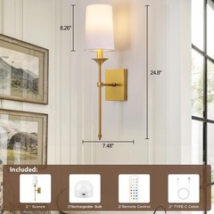 TERLEENART Battery Operated Wall Sconce Set of 2 Cordless Dimmable Remote 15