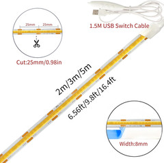 5V USB COB LED Strip Lights with Dimmable Switch,6.56Ft/2M,Ice Blue,320Leds/M,8M