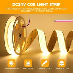 3000K COB LED Strip Light 3cm Wide 1600Leds/m DC 24V Flexible Home DIY Lighting