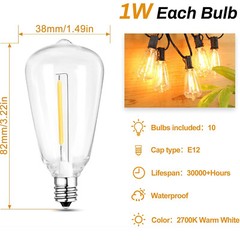 LED Outdoor String Lights, ST38 LED Patio Lights with E12 Edison Vintage Bulbs