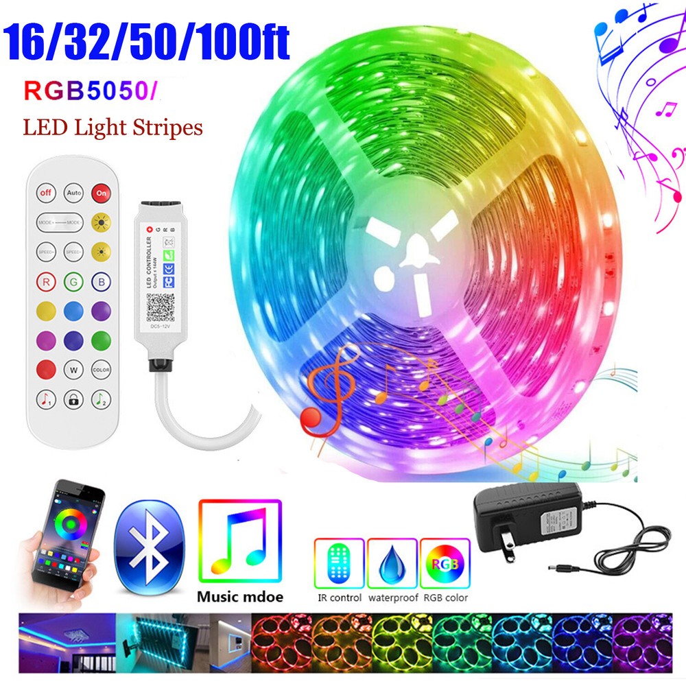 100ft 50ft 65ft LED Strip Lights 5050 Music Sync Bluetooth Room Light Remote