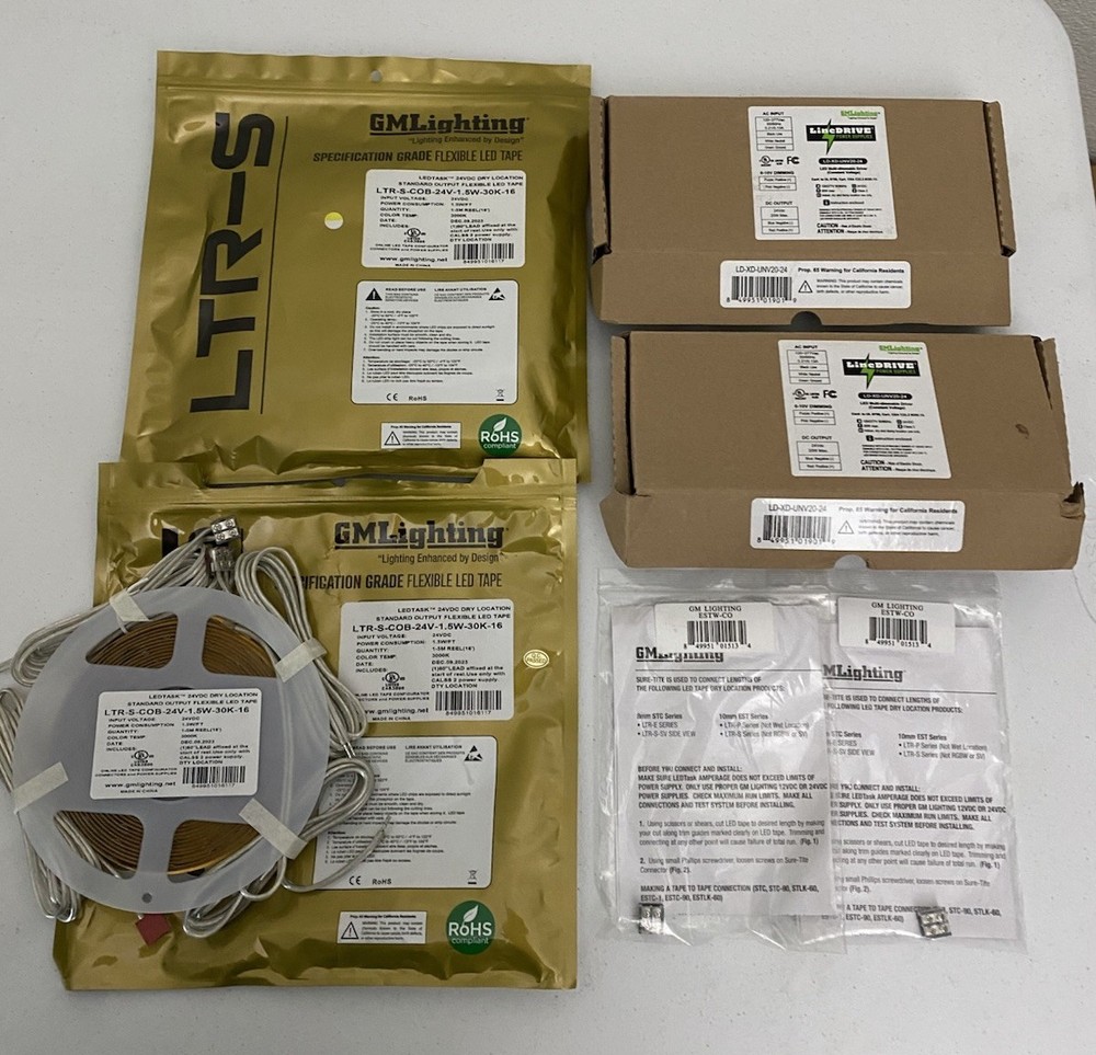 GM Lighting LTR-S-COB-24V-1.5W-30K-16 Flexible LED Tape Lot + Drivers