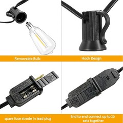 50FT LED Outdoor String Lights, with Waterproof, ST38 Led Edison Vintage Bulbs