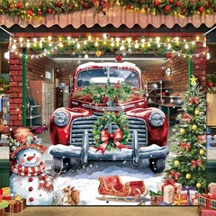 Christmas Garage Door Banner Cover Decorations,7 x 8 Ft Red Truck 7′ x 8′