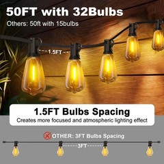Outdoor String Lights 50FT with 32 Bulbs 1.5FT Spacing, 120W Dimmer, Remote |…