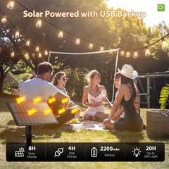 54FT Solar String Lights Outdoor Waterproof with USB Charging & Remote, Dimmable