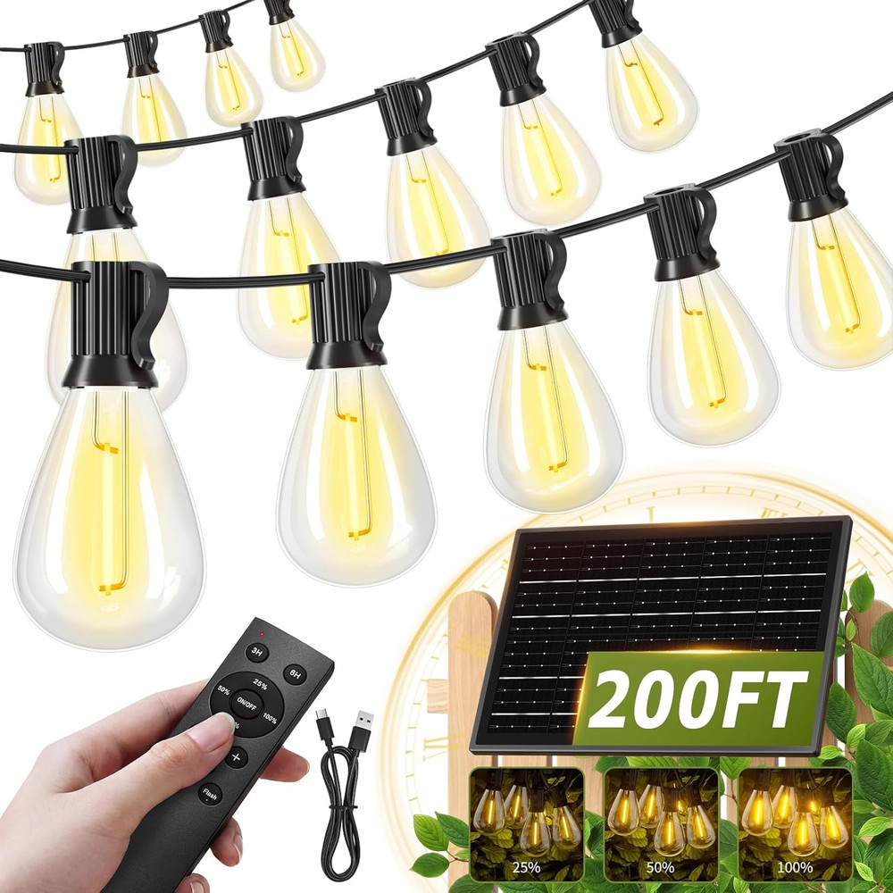 200FT Solar String Lights Outdoor Waterproof 72+2 LED Bulbs, Solar Powered with
