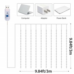 300 LED Curtain Lights String 3m*3m USB Powered Waterproof Twinkle Wall Lights