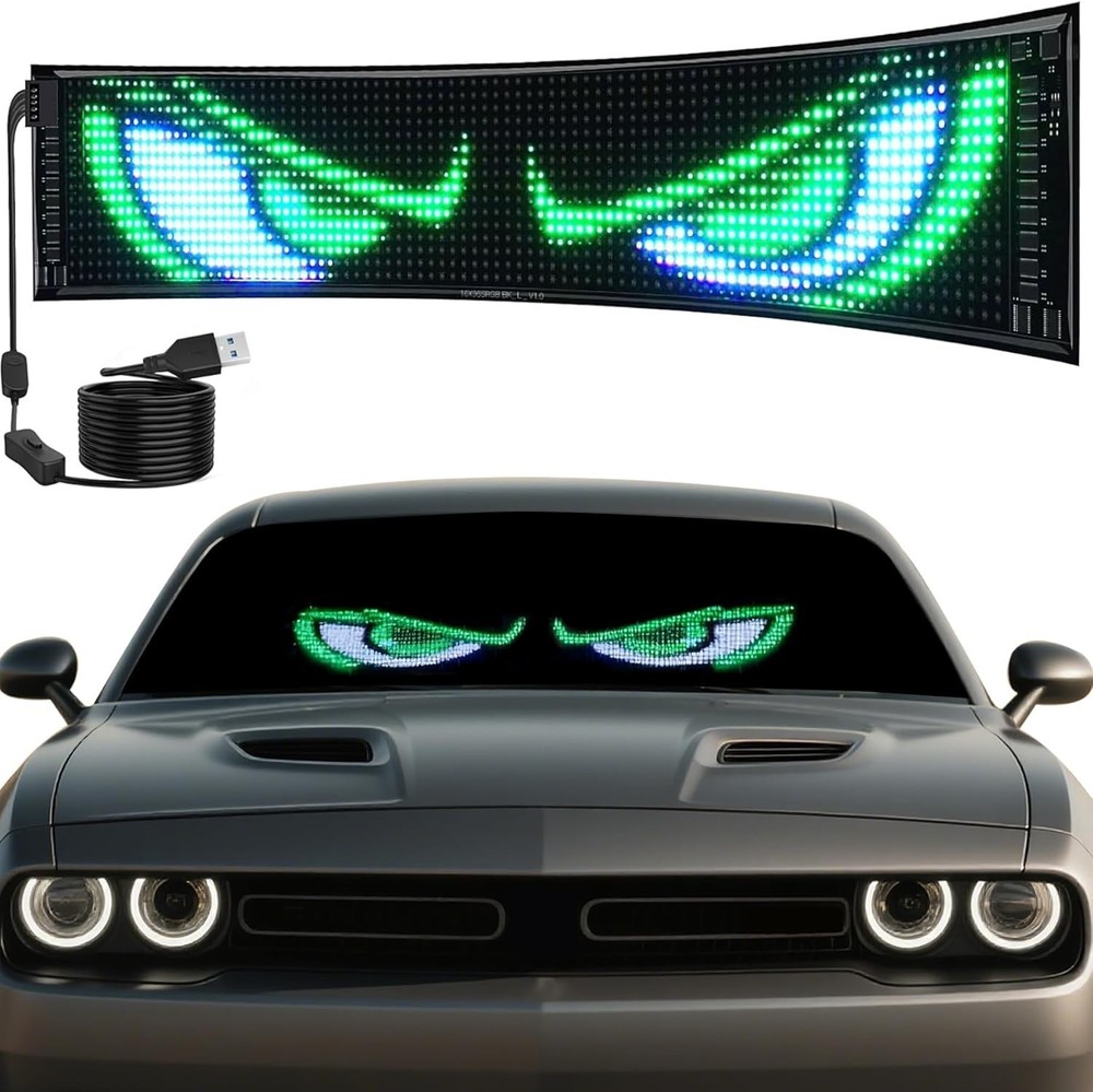1PCS LED Eyes for Car Windshield 23.4″x4.7″, Programmable Animated Black