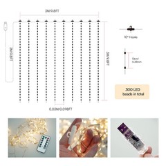 300 LED Fairy Curtain Lights, 9.8×9.8Ft USB Plug-in 8 Modes Christmas String