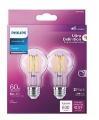 2 Pk Philips Ultra Definition 60W Equivalent Daylight A19 Medium LED Light Bulb