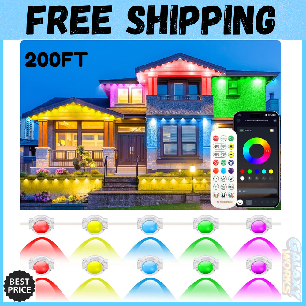 200Ft Permanent Outdoor Lights for House, App & Remote Control, RGB Smart Eaves