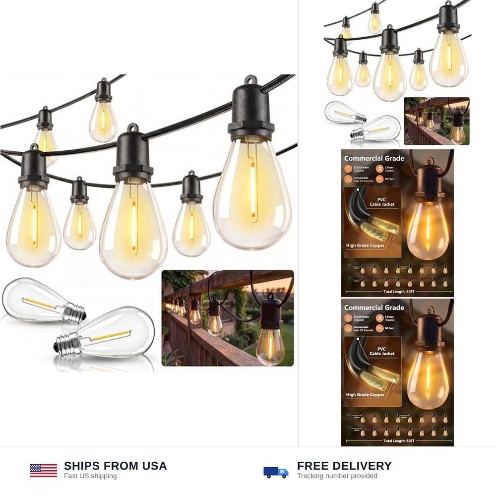 50FT LED Outdoor String Lights Waterproof with 27 Edison Vintage Shatterproof…