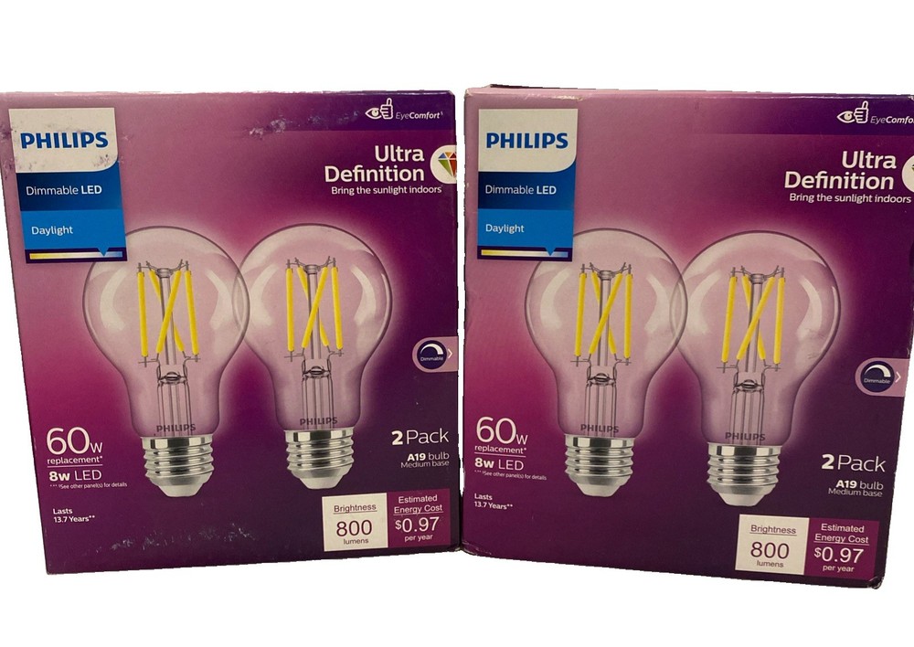 2 Pk Philips Ultra Definition 60W Equivalent Daylight A19 Medium LED Light Bulb