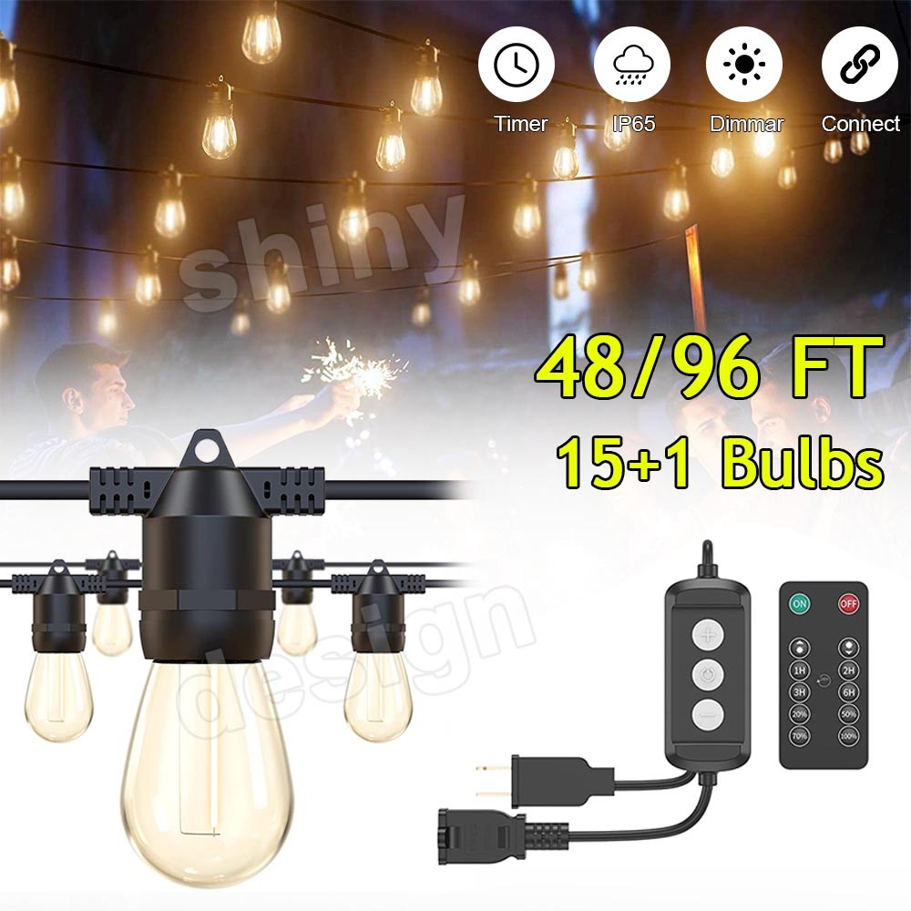 48ft LED Outdoor Waterproof Patio String Lights Dimmable S14 Plastic Bulb Remote