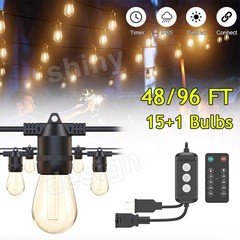 48ft LED Outdoor Waterproof Patio String Lights Dimmable S14 Plastic Bulb Remote