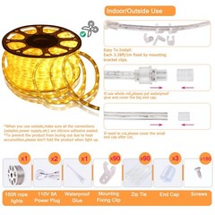 150FT Waterproof LED Rope Lights – Flexible 110V Warm White String Light for Ind