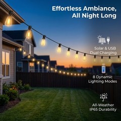 60FT Solar Outdoor String Lights Waterproof Patio 16 ST38 Bulbs Remote Control