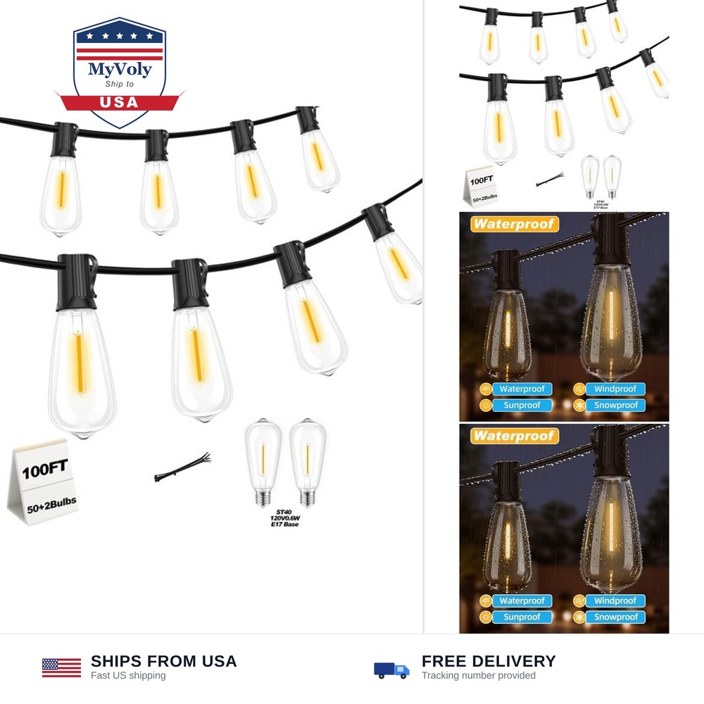 100FT LED Outdoor String Lights Waterproof, Edison Lights for Outside | with …