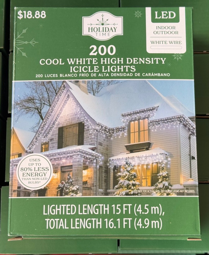 Holiday Time 200-Count Cool White LED High-Density Icicle Lights white wire