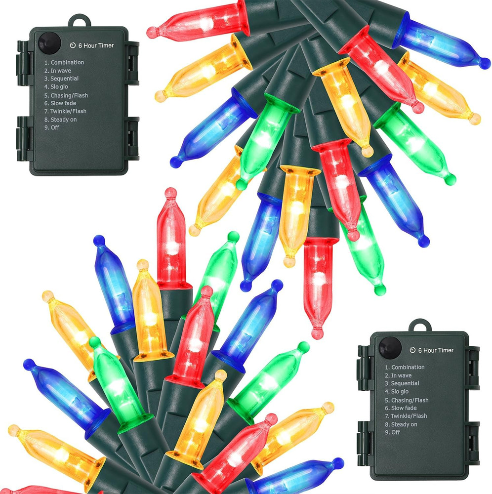 2 Luces de Cadena LED de Navidad Multicolor a Baterias de 16 Pies y 50 LED Pack
