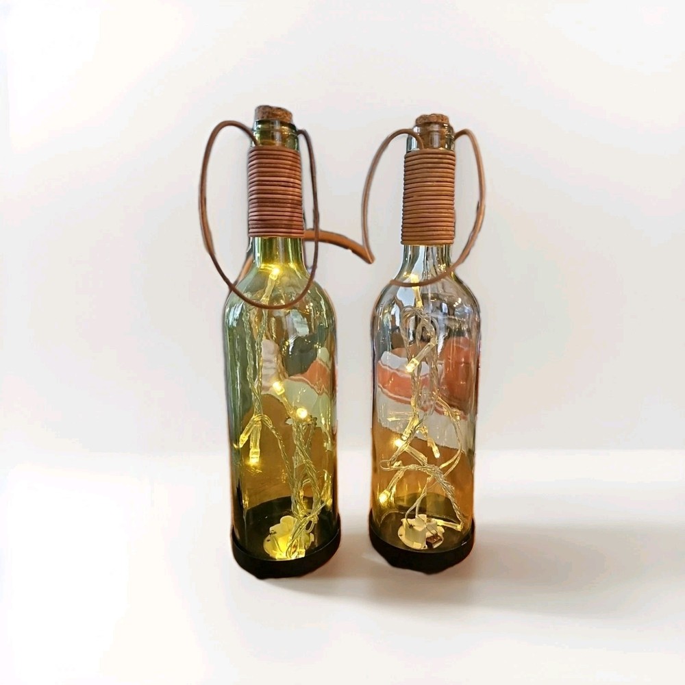 Wine Bottle Lanterns Leather Handles, Cork, On & Off Switch on Base, Pair