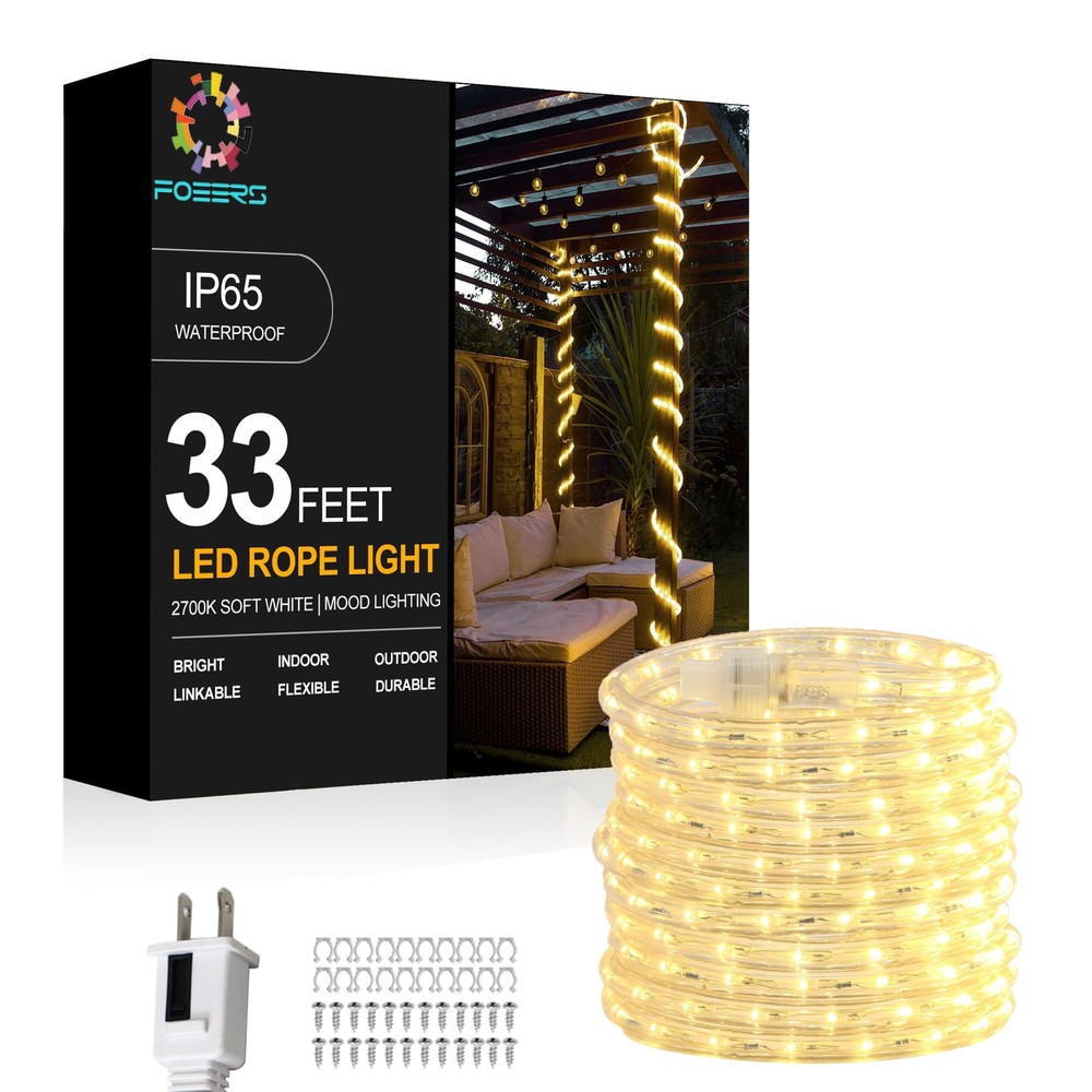 33FT 360 LED Rope Lights Outdoor Waterproof, Connectable and Flexible Clear T…