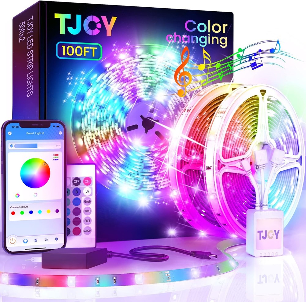 Tjoy Led Lights For Bedroom 100Ft Rgb Color Changing Led Strip Lighting Remote