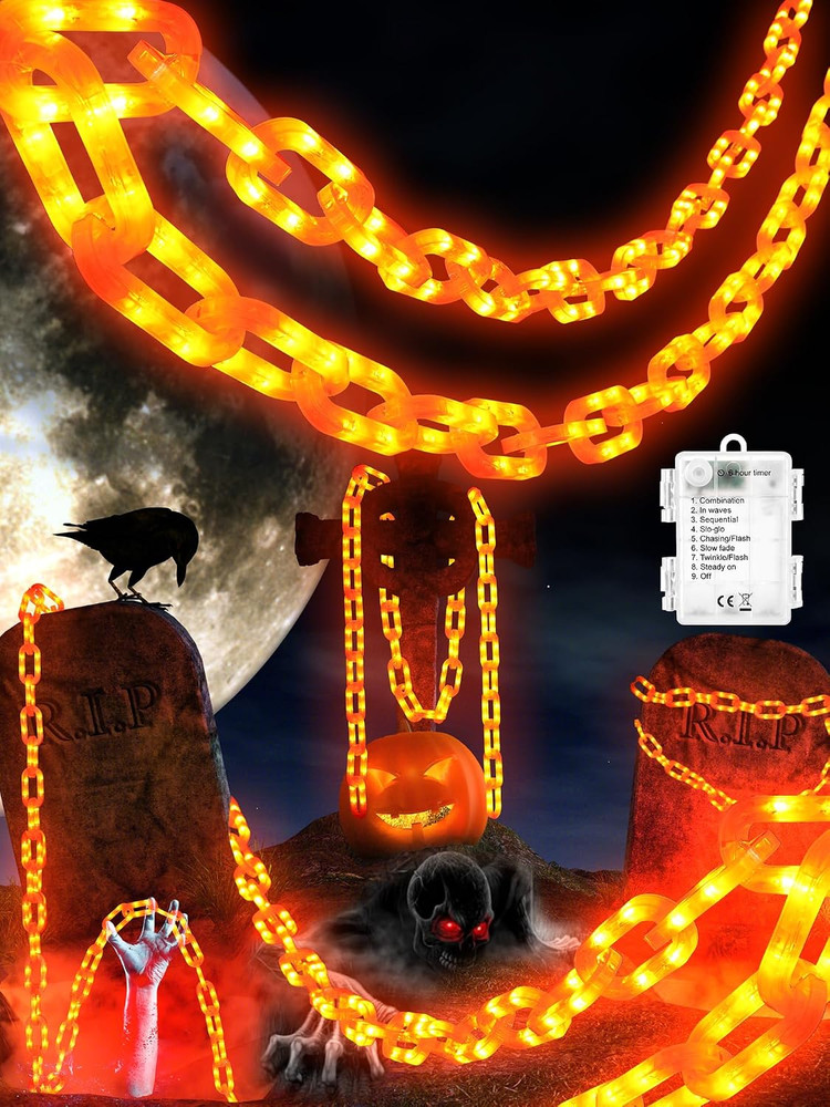 BATTERY HALLOWEEN CHAIN LIGHTS 10 FT 160 LED ORANGE TIMER YARD DECOR