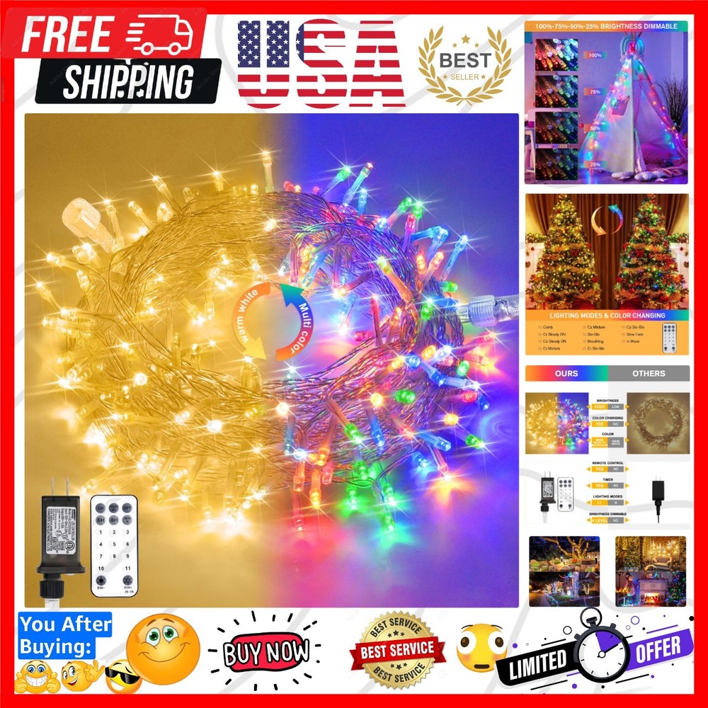 33ft 100 LED Color Changing String Lights Plug in, Warm White & Multicolor Ch…