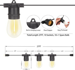 2 Pack X 27Ft Outdoor String Lights, S14 LED, IP65 Waterproof, Connectable, Warm