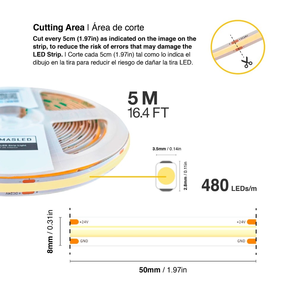 8mm COB LED Strip Cool White 6000ºK 24V 10W/m 1100lm/m 480LED/m 16.4ft