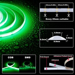 12v Cob Led Strip Green 16.4ft Waterproof Ip65 Super Bright 2400leds Dotless Out