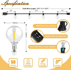 100FT LED Outdoor String Lights Patio Light with 52 Shatterproof G40 Dimmable Gl