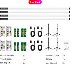 4 Pack RGB DJ Tube Lights 4Ft LED Video Stick Lights with Stand 5000Mah Battery