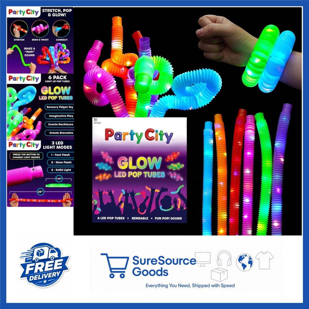 Multicolor LED Pop Tubes 25″ 6 Pack Glow in the Dark Sensory Toys for Kids