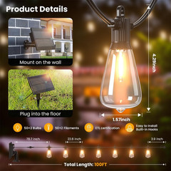 100FT Solar String Lights Outdoor Waterproof IP65 with Usb-Charging , Solar Powe