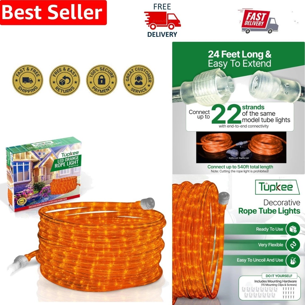 Modern 24ft Orange LED Rope Lights – Weatherproof for -Round Celebrations
