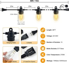 48ft LED Outdoor Waterproof Patio String Lights Dimmable S14 Plastic Bulb Remote