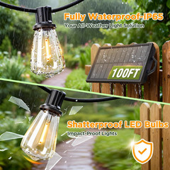 100FT Solar String Lights Outdoor Waterproof with Remote & Timer, LED Shatterpro