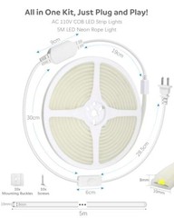 110V 120V LED Strip Lights Waterproof 16.4ft COB 5M (No Remote) Cold White