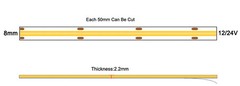 Free Cut FCOB LED Strip 24V 12V DC 8mm RA 90+ Dimmable Flexible 528LEDs