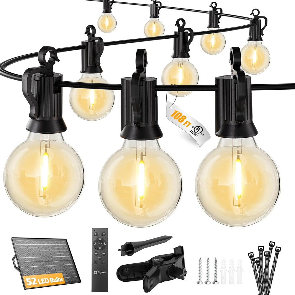 108FT 52LED Solar String Lights Outdoor with Remote & USB Port, Shatterproof Bul