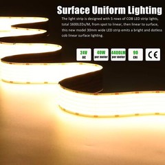 3000K COB LED Strip Light 3cm Wide 1600Leds/m DC 24V Flexible Home DIY Lighting